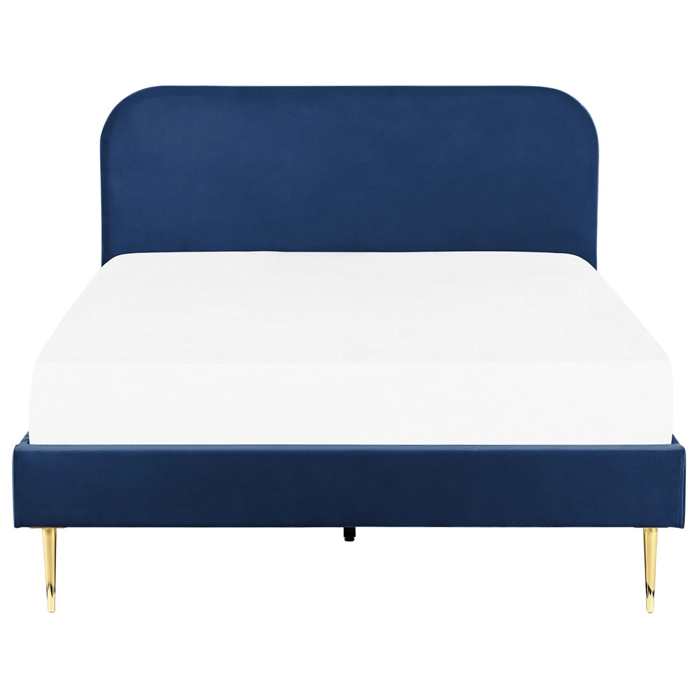 Letto blu marino velluto tappezzeria doppia dimensione gambe dorate testiera con rete a doghe 140 x 200 cm design minimalista