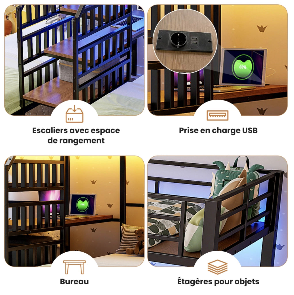 Letto a castello 90x200 cm con LED; scrivania; ripiani e prese USB; metallo e MDF; nero