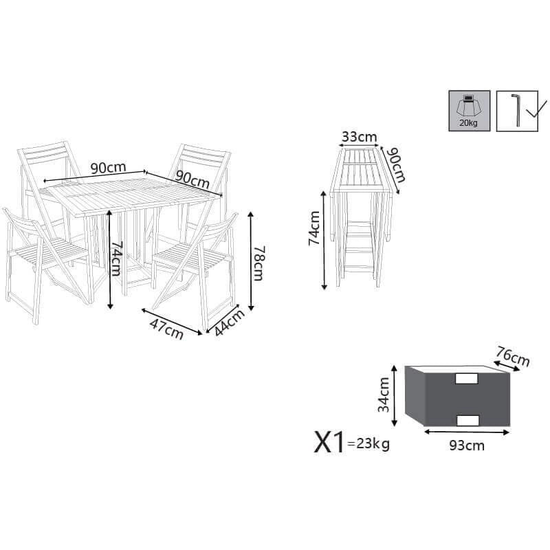 Set tavolo da Giardino Pieghevole con 4 sedie in Legno Acacia cm 90x90x74 - JONATHON