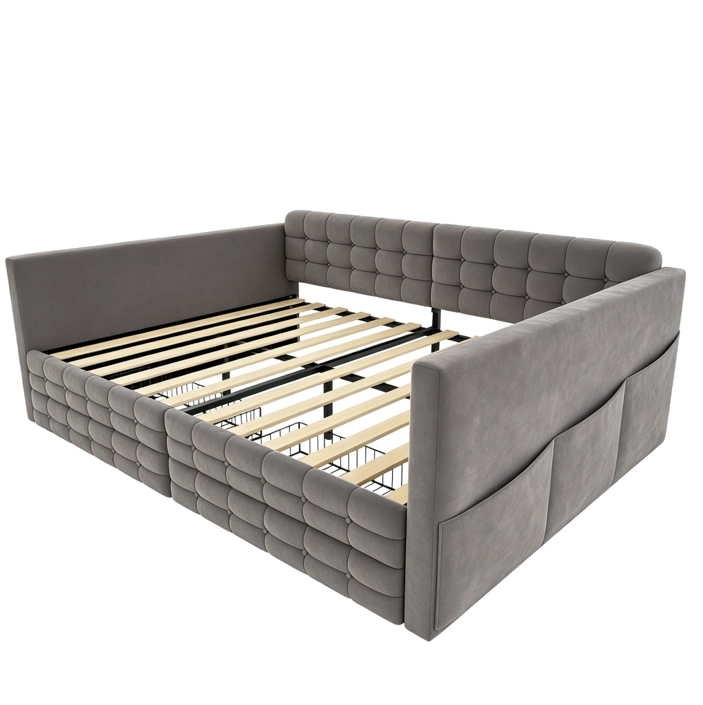 Letto imbottito 140x190 cm con cassetti e tasche laterali in velluto grigio
