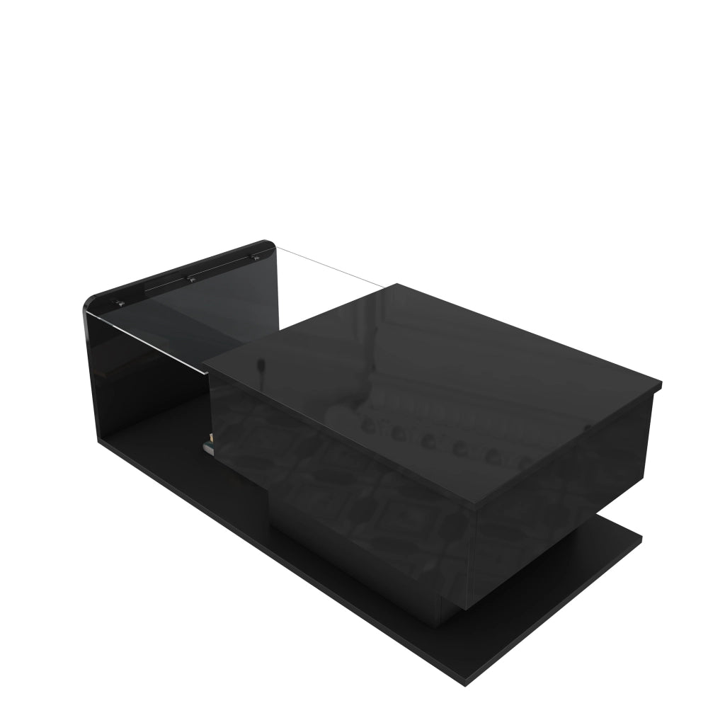 Tavolino da salotto alzabile con vano aperto e nascosto; LED e piano in vetro; nero lucido; 100 × 50 × 33/47.5 cm