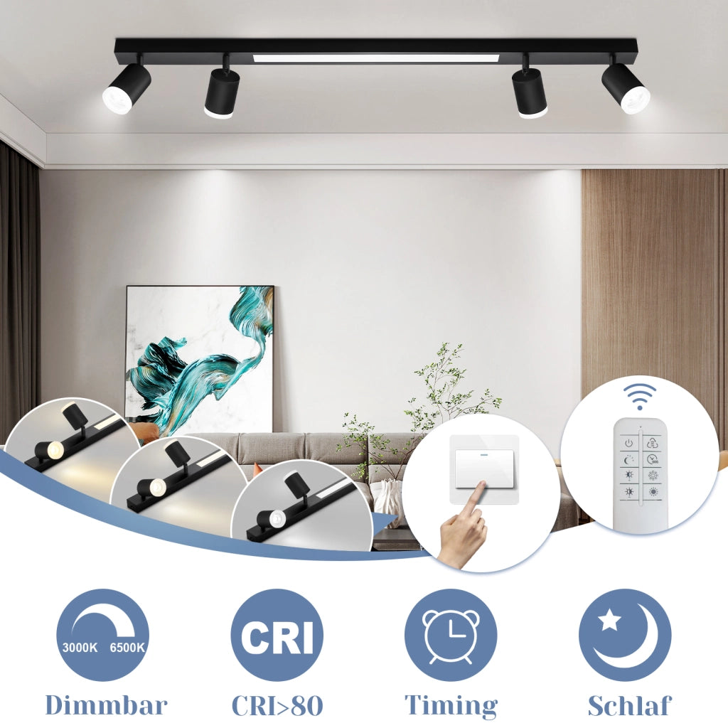 ZMH Faretto da soffitto LED neri 4 lampadine 38W dimmerabili telecomando 3000-6500K orientabili 350°