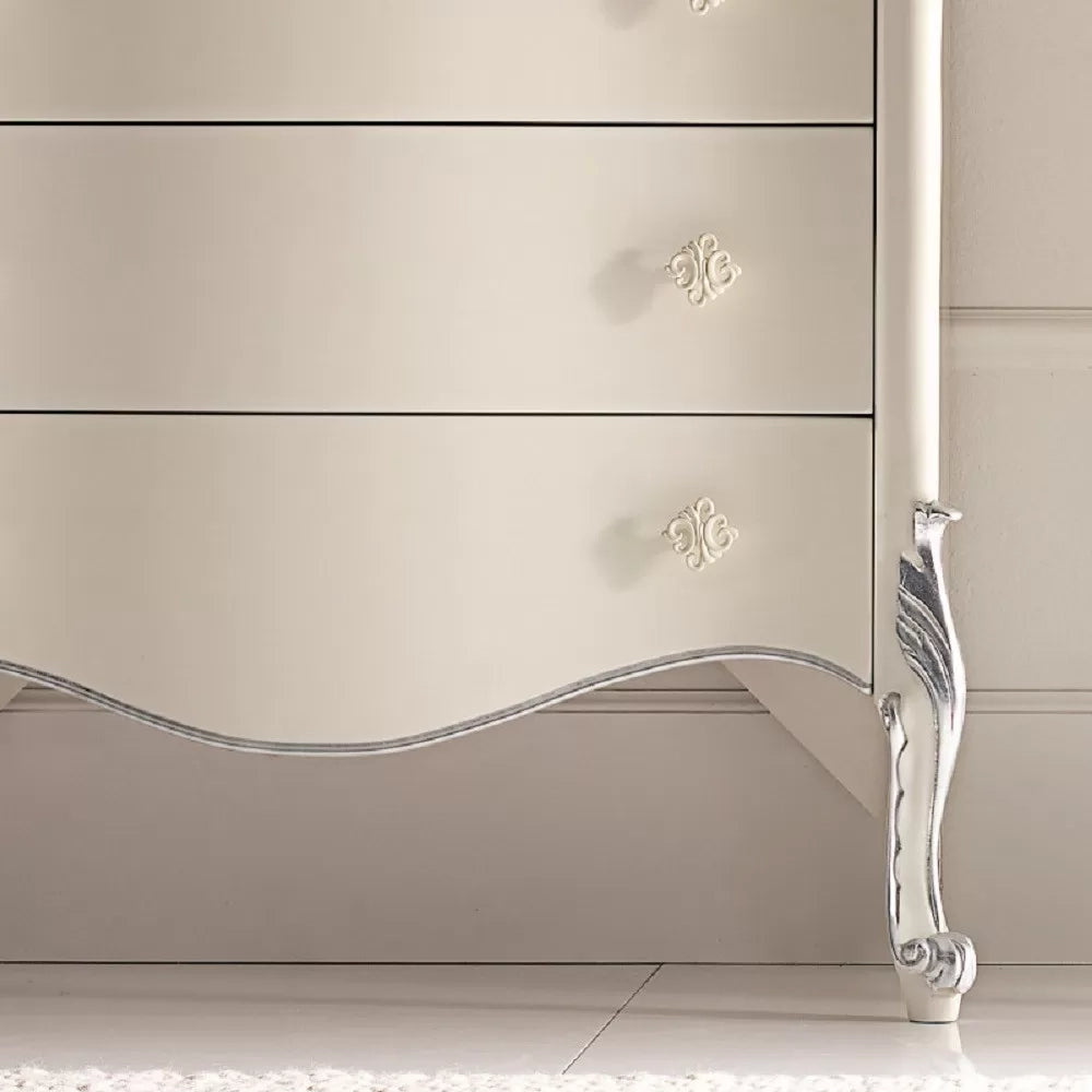 Cassettiera classica sagomata 6 cassetti in legno bianco argento l.86 p.47 h.132 - Mobili 2G
