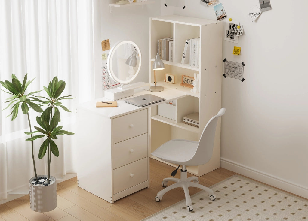 Scrivania angolare ULEVR 117x63x135 cm con libreria a 4 ripiani e 3 cassetti, bianca