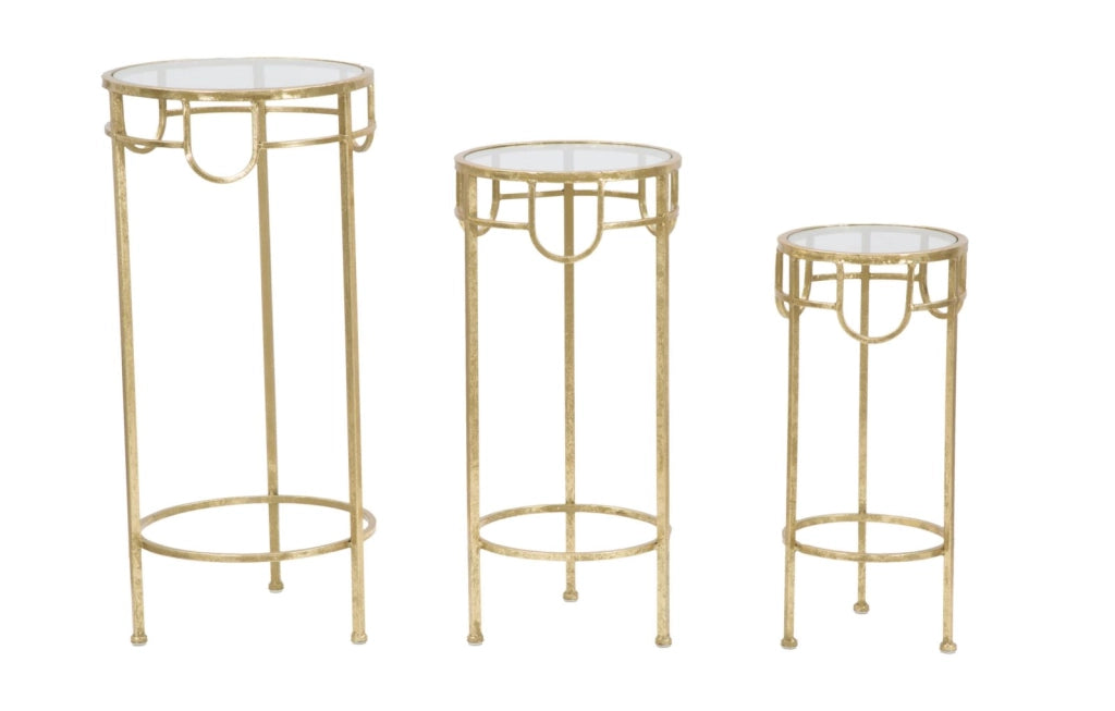 Set di Tavolinetti Porta Telefono in Metallo Dorato - 3 Pezzi Ø 33x70, Ø 28x60, Ø 23x50 cm