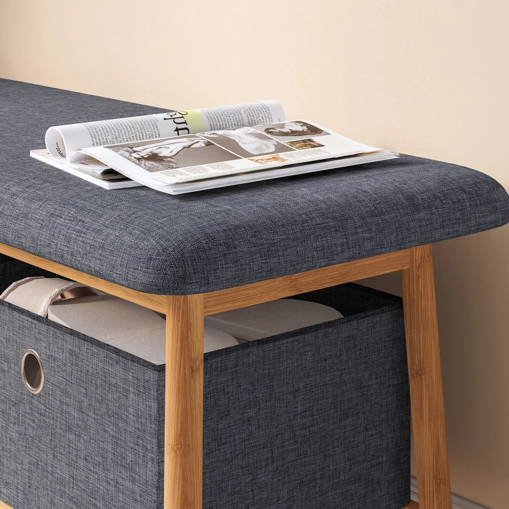 Panca da Scarpe Vad con Seduta Imbottita e 2 Contenitori in Tessuto 90 x 30 x 45 cm - Bambù Naturale / Grigio