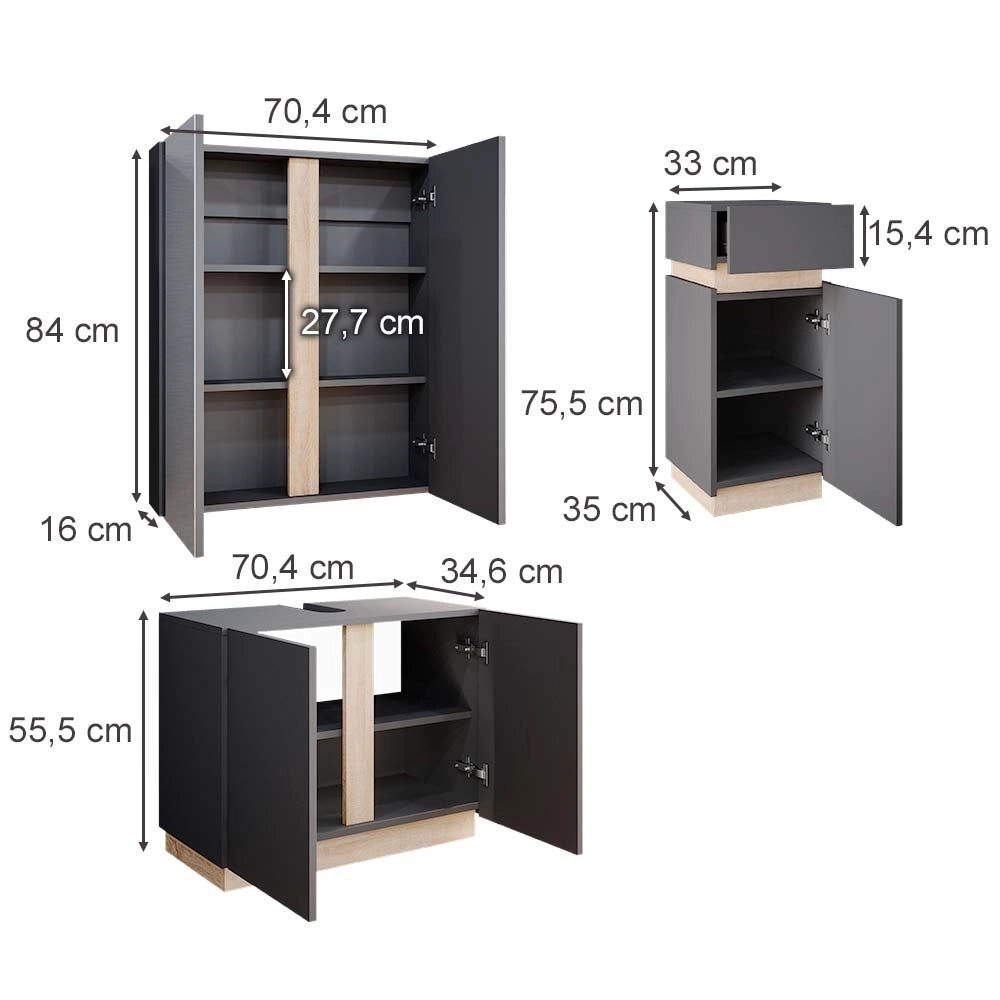 Vicco Set di mobili da bagno Antracite 3 parti, con mobile midi