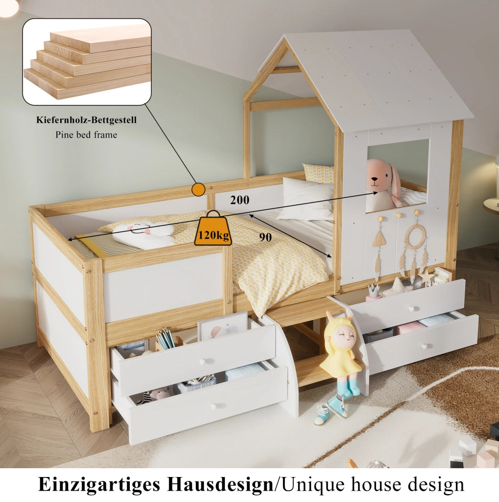Letto a casetta semialto per bambini 90x200 cm bianco naturale