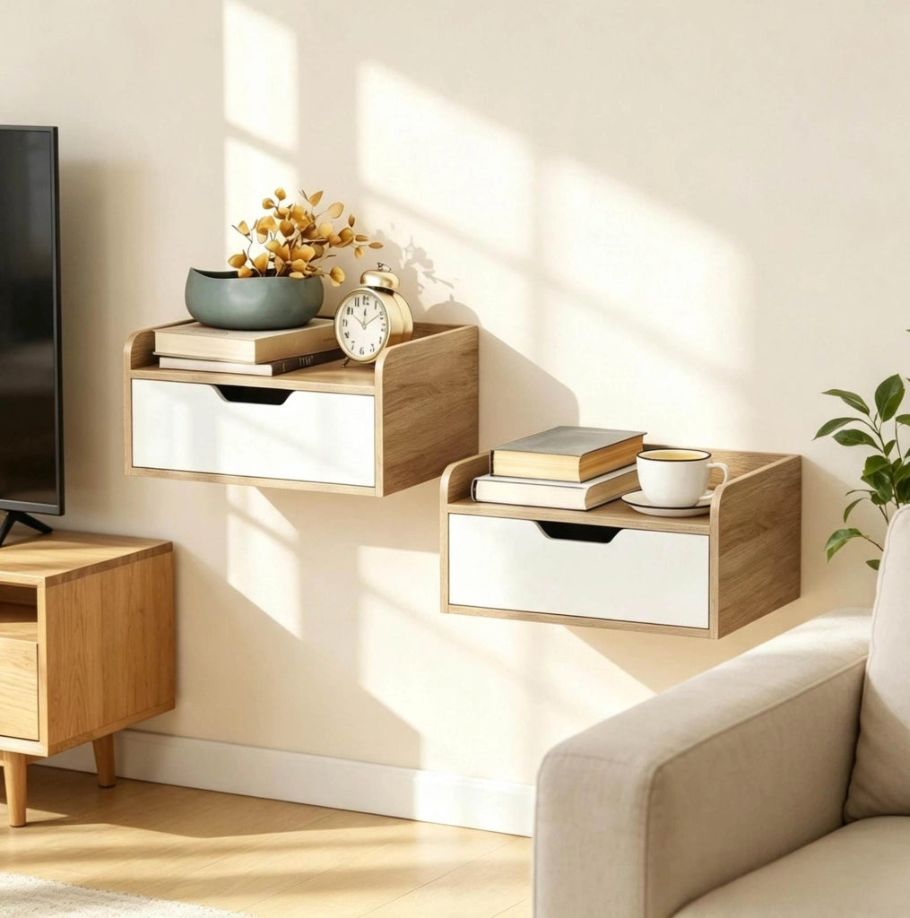 Set di 2 comodini sospesi con cassetto, legno naturale e bianco