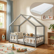 Letto per Cameretta Treviolo a Forma di Casetta in Stile Montessori con Materasso 70x140 cm - Grigio Chiaro/Bianco [en.casa]