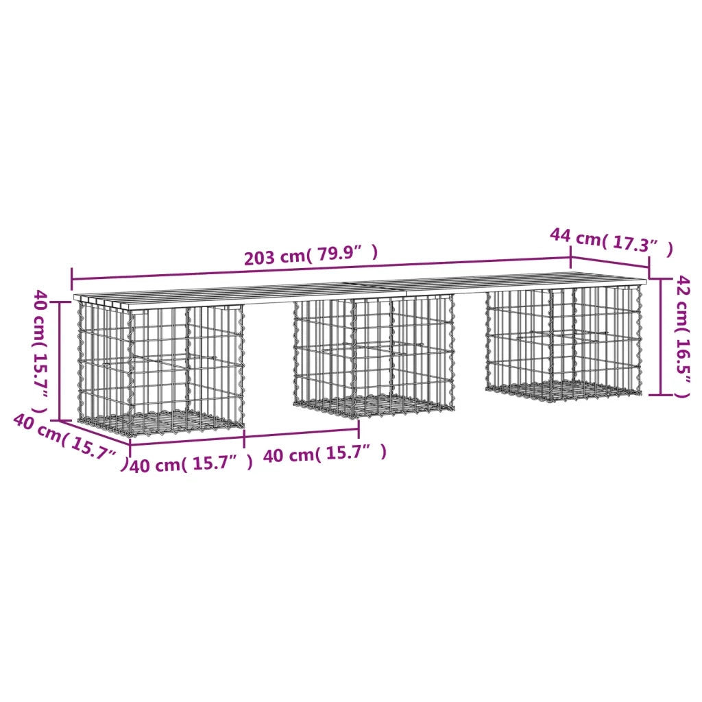 Panca Giardino Design Gabbione-Sgabello-Panca da esterno 203x44x42 cm Legno Massello Pino