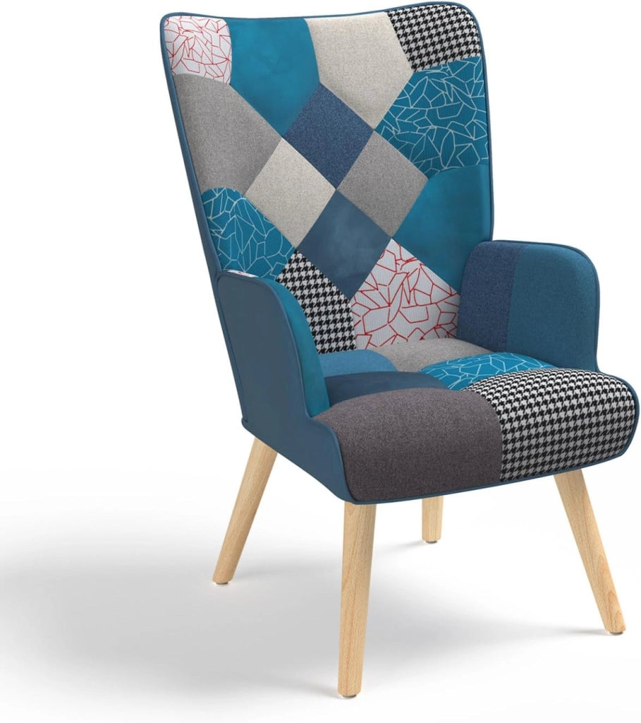 Poltrona scandinava IVAR in tessuto patchwork e velluto blu