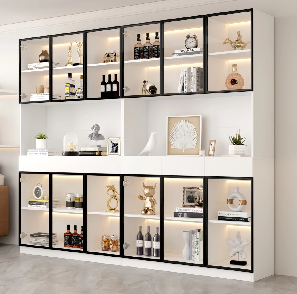 Vetrina alta LED bianca con ante in vetro e cornice nera, 200 cm