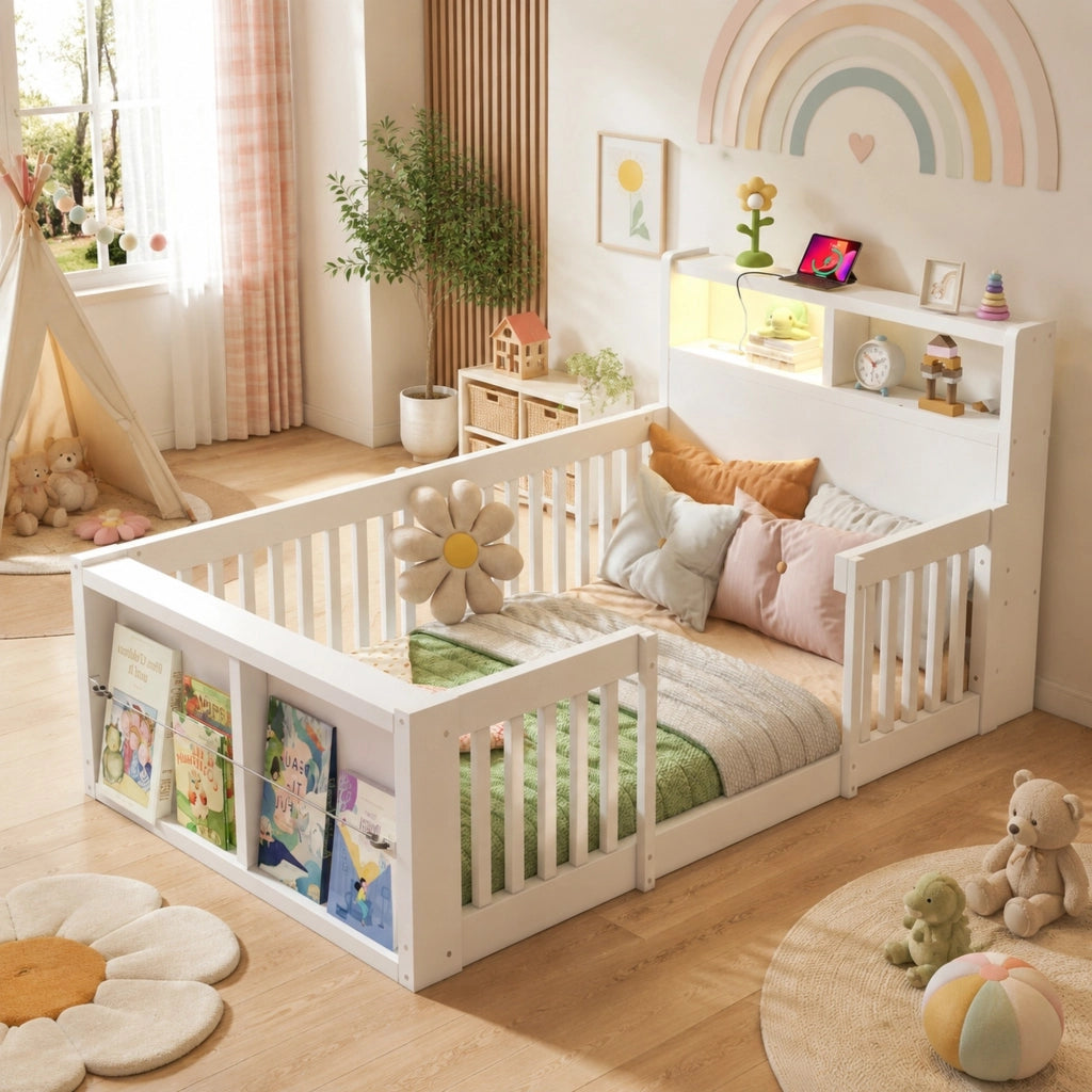 Letto per Bambini Singolo 90x190 cm; con Sponda Alta; USB e Luce Notturna - Bianco