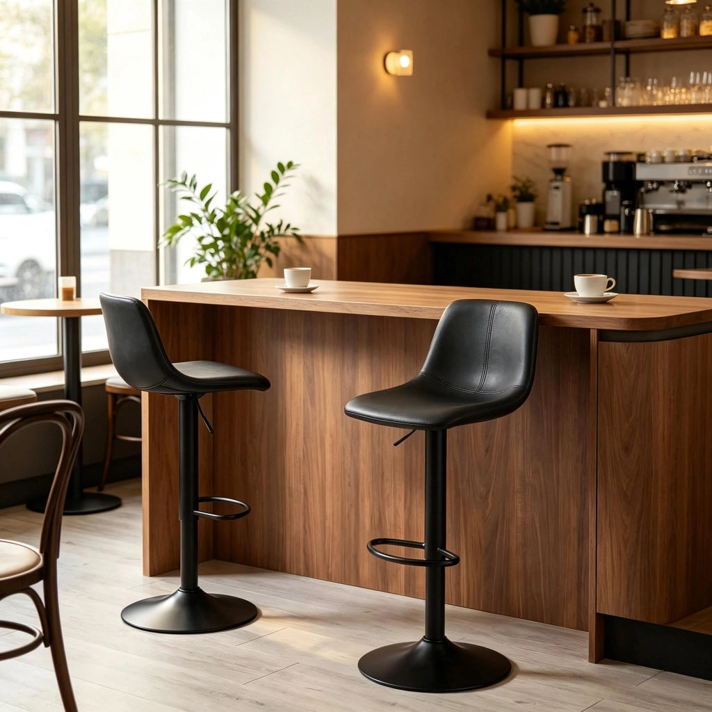 Sgabelli da bar girevoli a 360°, 2 pezzi regolabili in altezza con poggiapiedi, rivestimento in PU nero e base in acciaio