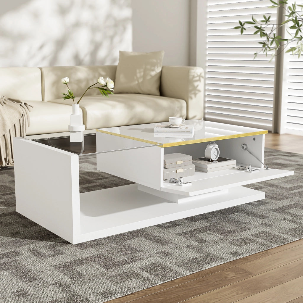 Tavolino da Salotto con Piano in Vetro Temperato e LED Bluetooth 16 Colori; Bianco Lucido; con Ripiani Aperti; Bianco