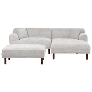 Divano ad angolo sinistro in tessuto grigio chiaro lato sinistro con pouf e gambe in legno stile minimalista