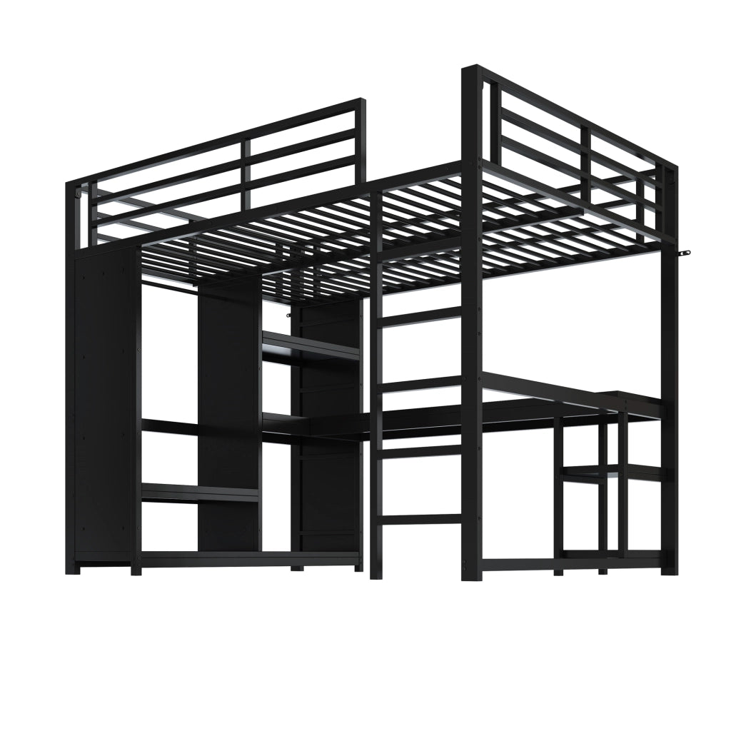 Letto a castello metallico nero con scrivania LED e armadio aperto 140x200 cm