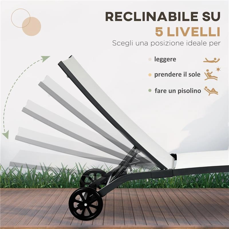 SET 2 LETTINI PRENDISOLE CON SCHIENALE RECLINABILE, IN ALLUMINIO E TESSUTO TRASPIRANTE, 66X165X102 CM, CREMA