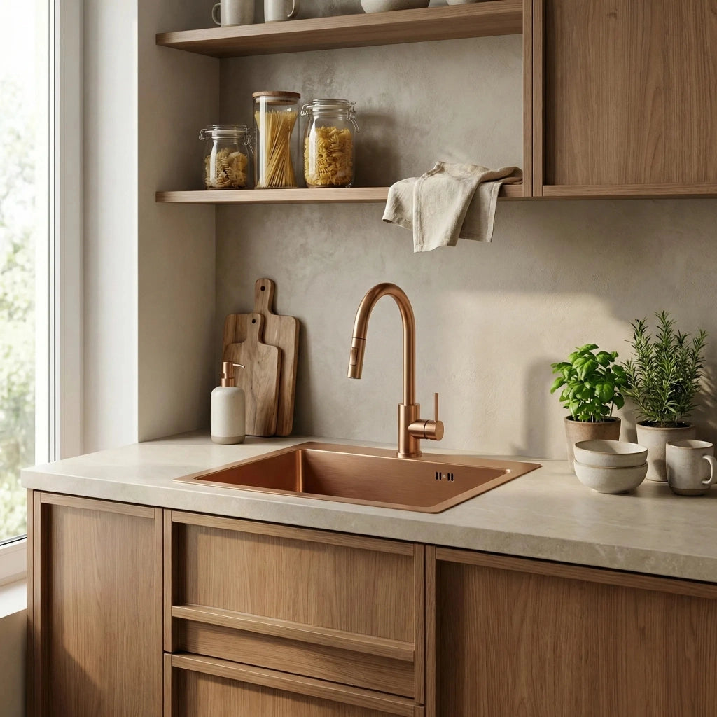 Lavello In Acciaio Leo 50 Brush Copper senza rubinetto da cucina