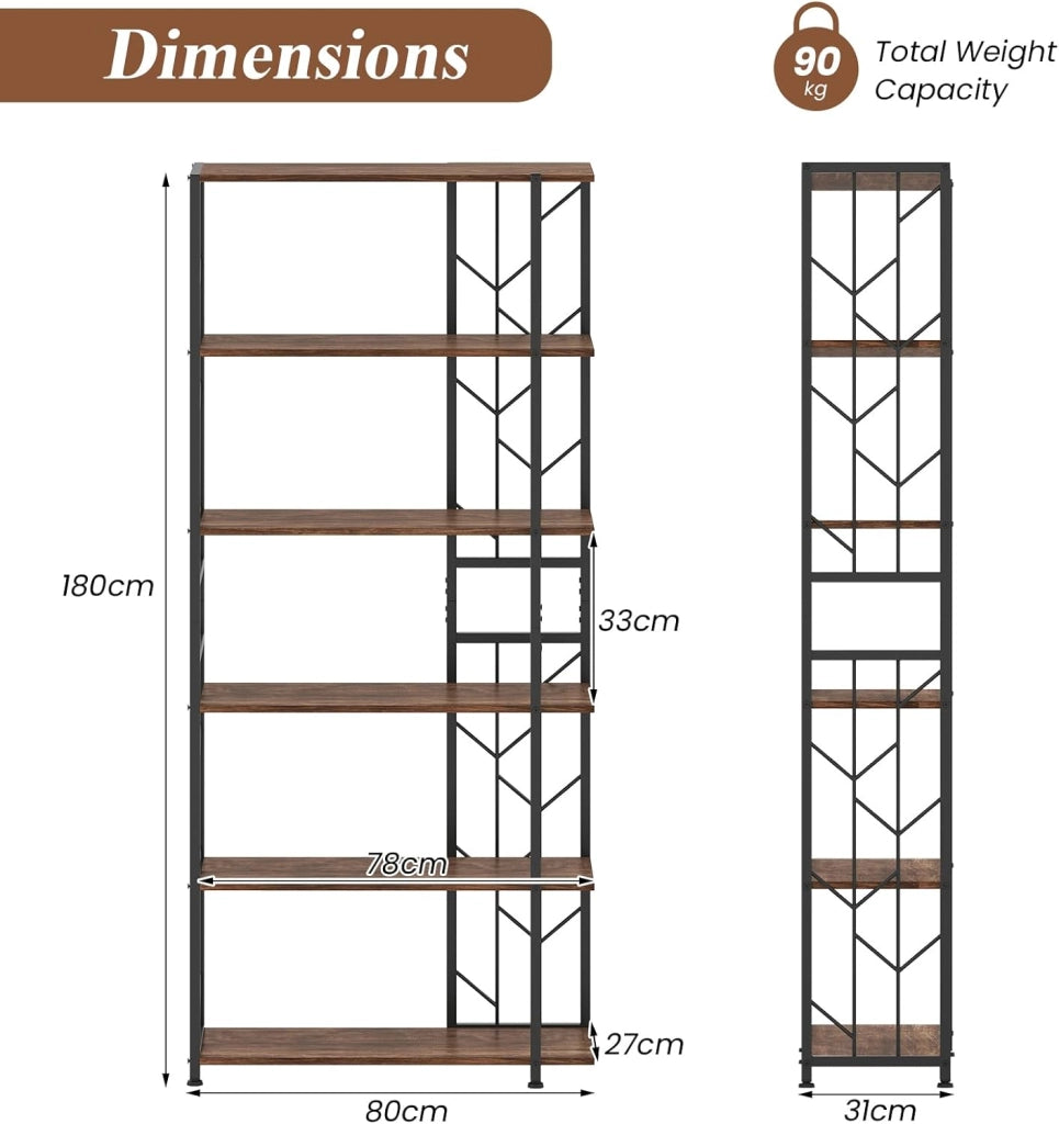 Scaffale a 6 livelli, Libreria 180 cm di altezza con ripiani aperti, organizer portaoggetti autoportante con telaio in metallo e kit antiribaltamento, per soggiorno, ufficio (marrone)