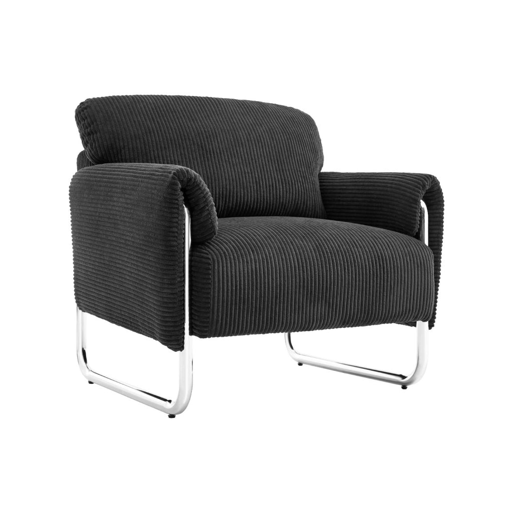 Poltrona vintage in velluto a coste con struttura cromata, nero
