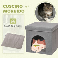 Cuccia per Gatti Pieghevole a Cubo con Cuscino e Tiragraffi 36.5x36.5x36.5 cm Grigio