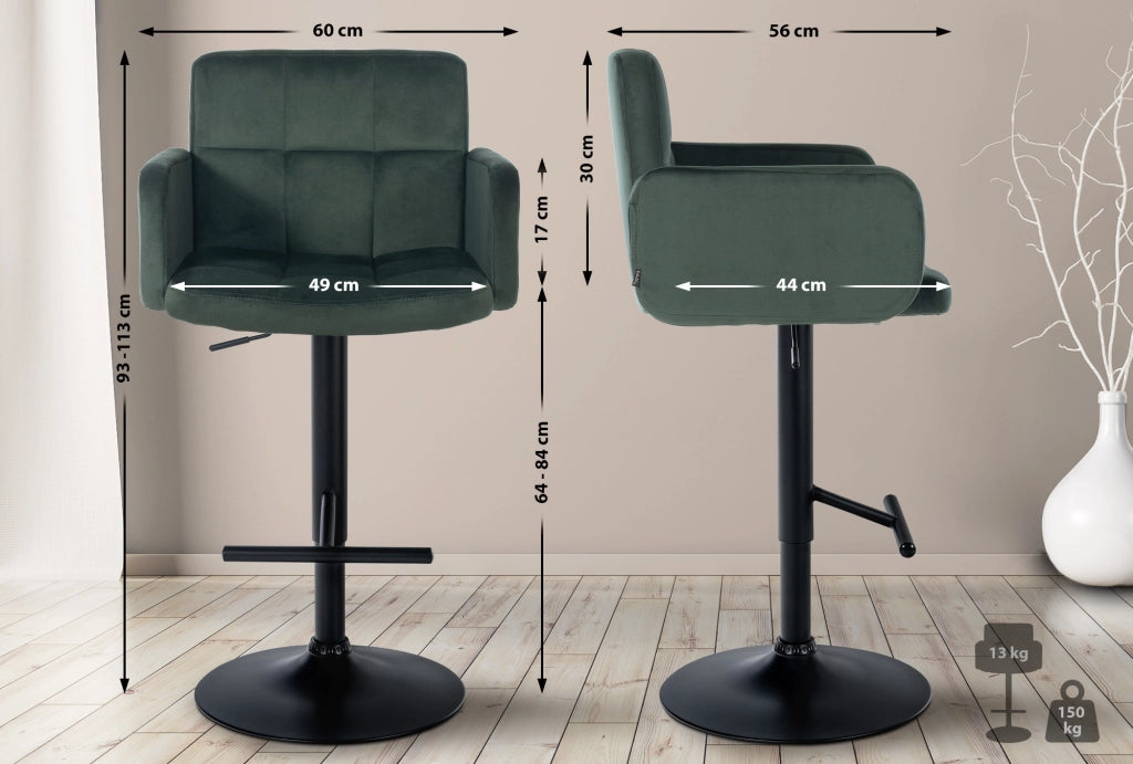 Set di 2 sgabelli da bar Los Angeles in velluto Verde scuro,nero