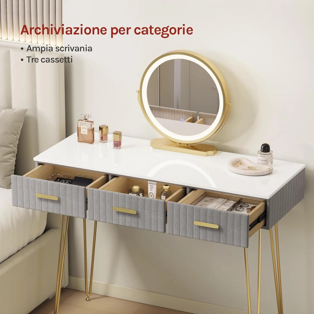 Toeletta Trucco con Luci LED, Luminosità Regolabile, Postazione Tavolo Make Up con Sgabello in Velluto, 3 Cassetti, Facile Montaggio, Moderno, Bianco+Grigio, MB6108gr