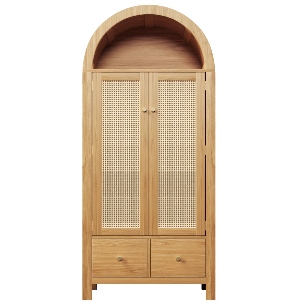 Armadio a 2 ante in effetto rovere con rattan, 181x78x45 cm, 2 cassetti e asta appendiabiti
