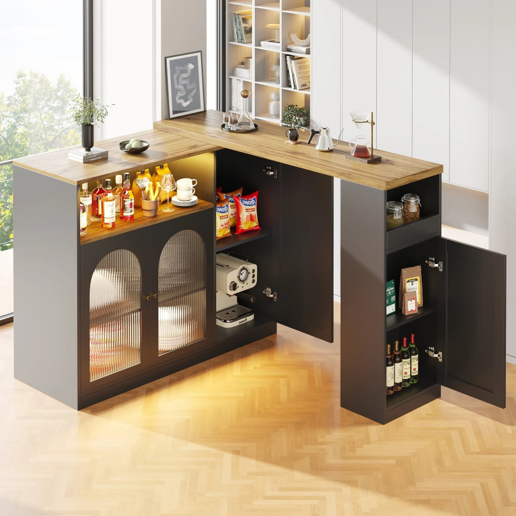 Mobile Bar con Piano Girevole 360; Ripiani Aperti; Anta in Vetro Rigato e LED per Cucina in MDF Nero