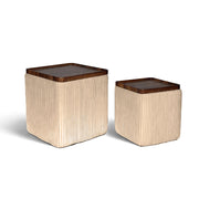 Set 2 Pouf Contenitore Quadrati in Velluto con Coperchio in Legno, Tavolino da Salotto Moderno, Pouf Contenitore Salvaspazio, Seduta Imbottita, Pouf Poggiapiedi Crema