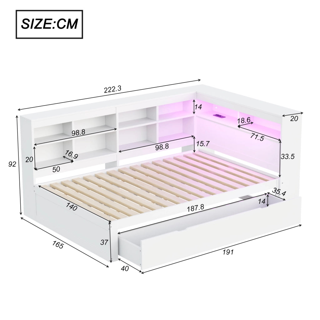 Letto Contenitore Letto Matrimoniale 140x200 cm con USB; LED e Mensole in Legno Bianco
