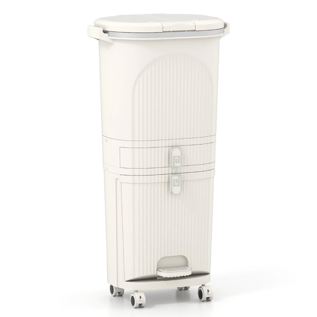 Cestino per cucina con coperchio bidone di 3 strati con 2 secchi rimovibili-Cestino contenitore per rifiuti verticale Beige