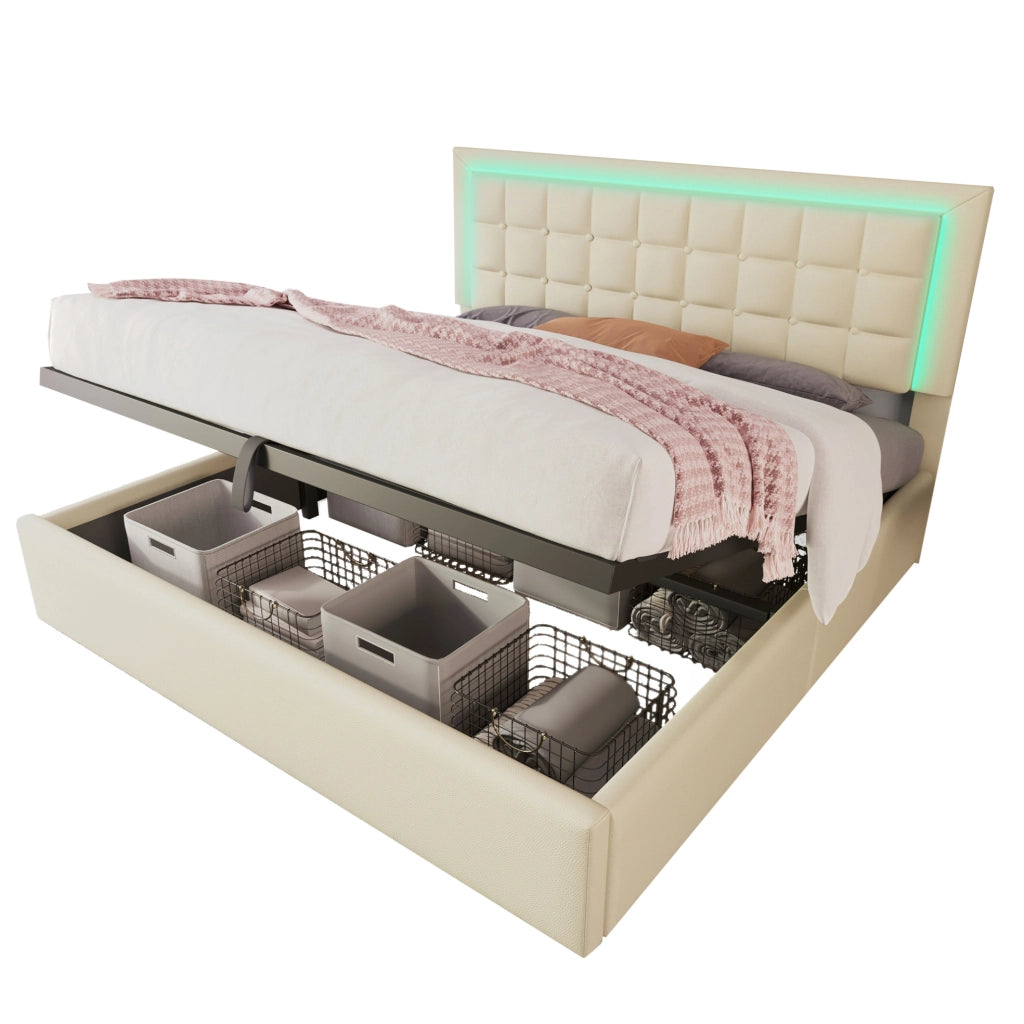 Letto matrimoniale 140x200 cm con LED, contenitore e rivestimento in PU