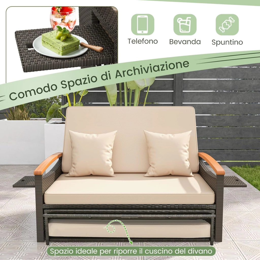Set Divano da Giardino in Rattan, con Cuscino e Panca Contenitore, Divano Letto con Schienale Regolabile a 4 Livelli e Vassoi Laterali Estraibili, per Giardino Piscina Cortile