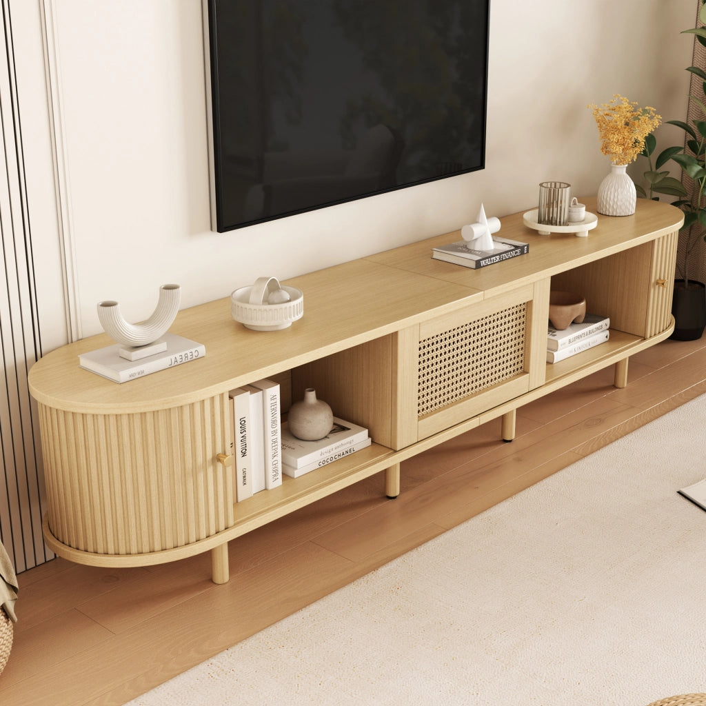 Mobile porta TV con 1 cassetto e 2 ante scorrevoli, per soggiorno e sala da pranzo, in MDF, legno chiaro, 180 × 40 × 40 cm