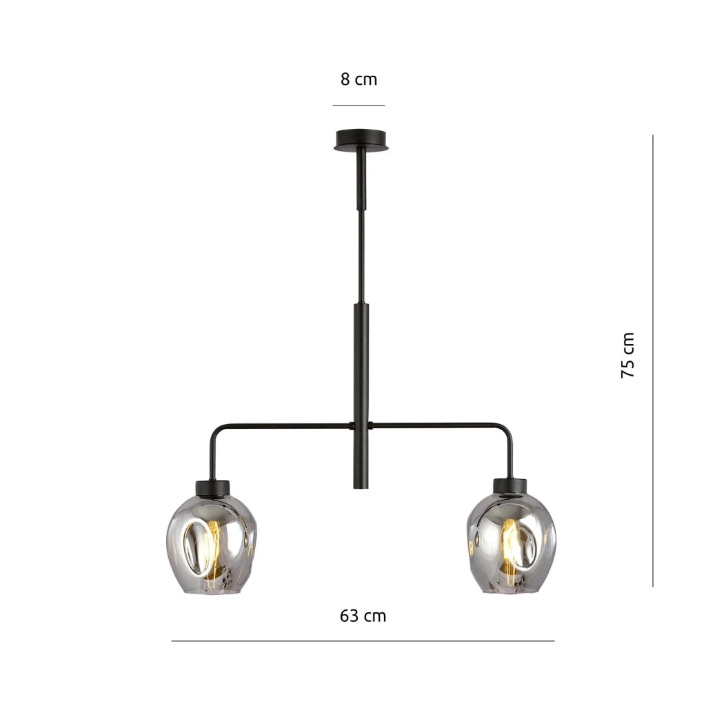 Lampadario Moderno 2 Luci Auriga In Accaio Nero E Vetro Fumè