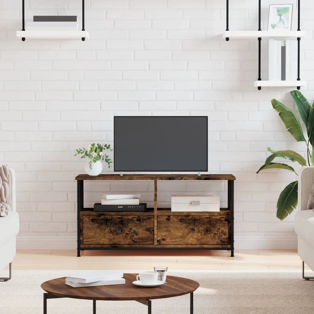 Mobile TV-Credenza per TV Rovere Fumo 90x33x45 cm in Legno Multistrato e Ferro
