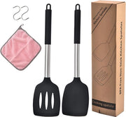 Due spatole in silicone, acciaio inossidabile, aiuto in cucina, set di spatole per cucina, cottura, cottura, resistente al calore, resistente al lavastoviglie, antiaderente, scanalature, utensili da cucina, BPA libero, nero.