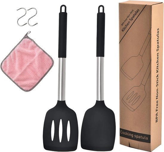 Due spatole in silicone, acciaio inossidabile, aiuto in cucina, set di spatole per cucina, cottura, cottura, resistente al calore, resistente al lavastoviglie, antiaderente, scanalature, utensili da cucina, BPA libero, nero.