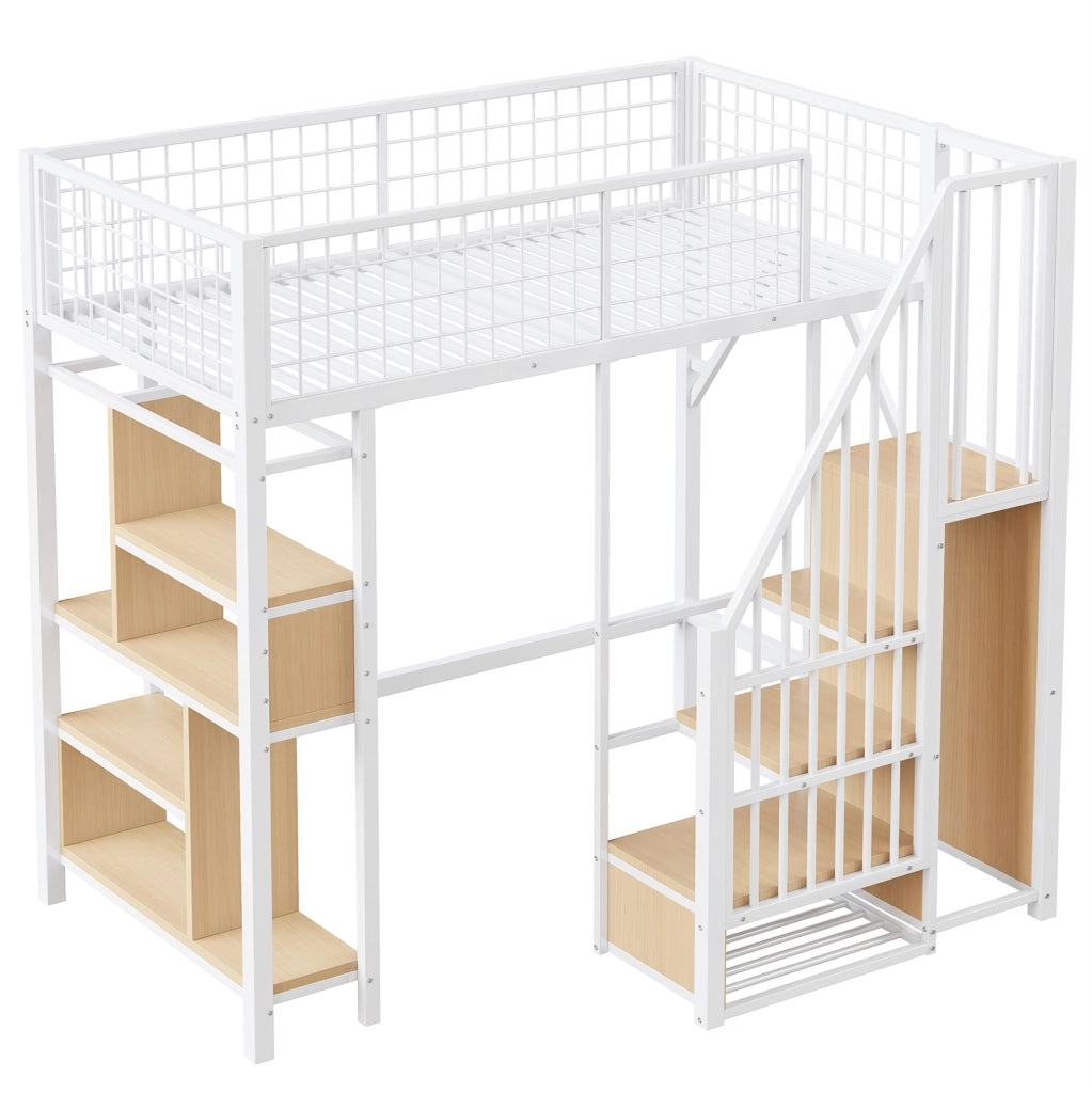 Letto a soppalco 90x200 cm con scala contenitore e vano portaoggetti; metallo e legno; bianco