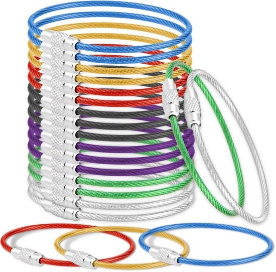 Sistema di appesi chiavi in acciaio inossidabile - 21 pezzi - cavo di collegamento 15 cm - 7 colori - appeso per valigia - etichette di identificazione - peso ridotto 41 g