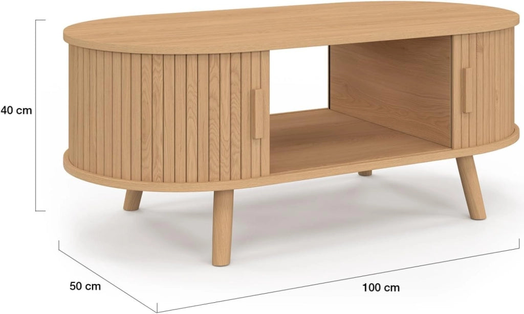 Tavolino ovale ROMIE, 100 cm, 2 ante scorrevoli, doghe in legno color rovere