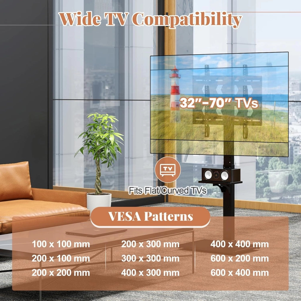 Supporto TV da Pavimento per LCD LED da 32-70 Pollici, Porta TV Regolabile in Altezza a 7 Livelli, Carico 50 KG, VESA Max 600 X 400 MM, con Presa Integrata, Ripiano per TV Piatto/Curvato