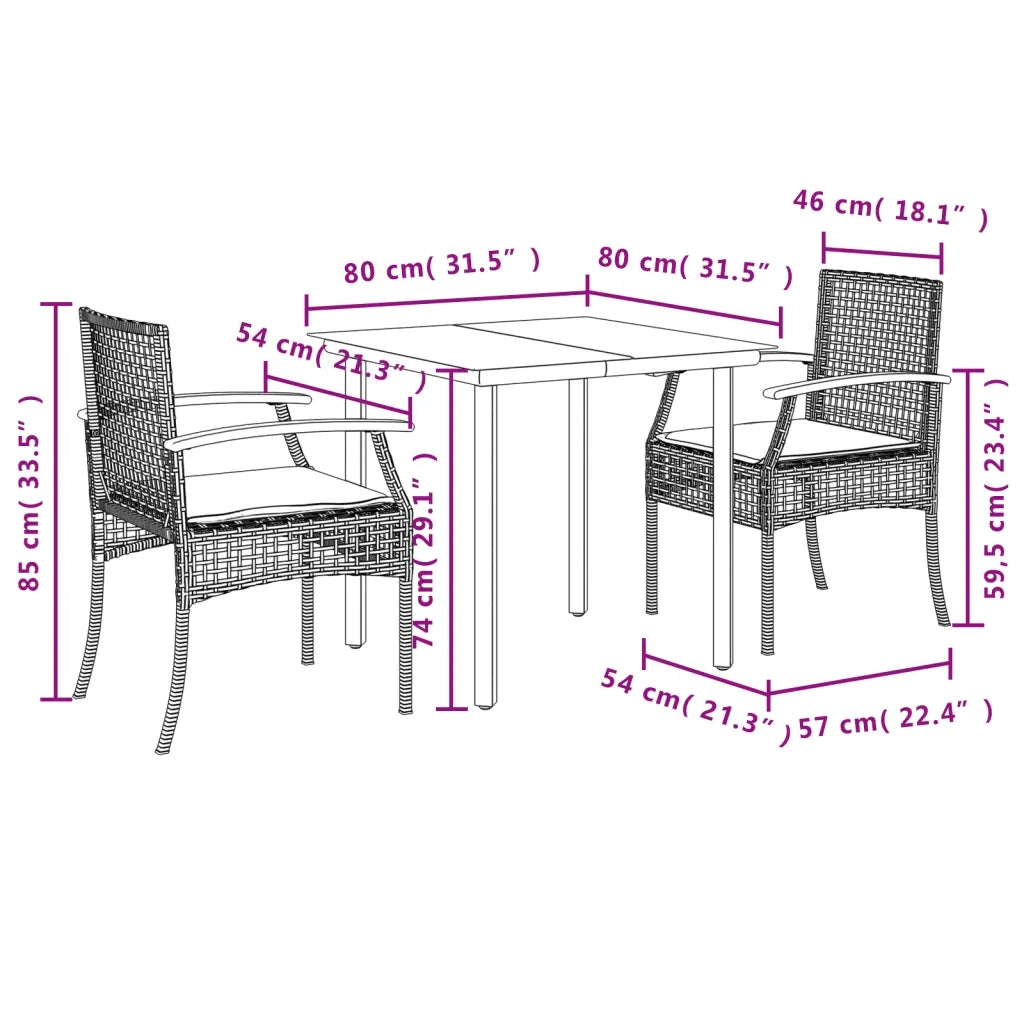 Set da Pranzo da Giardino 3 pz | Set Salotto da Giardino con Cuscini in Polyrattan Grigio