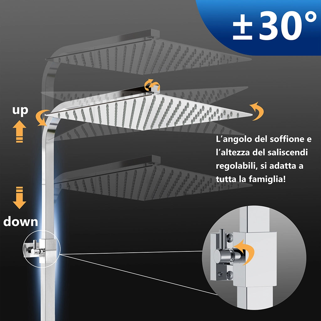 Miscelatore termostatico doccia con soffione 30x30cm e doccetta 25x10cm, colonna doccia rettangolare cromo
