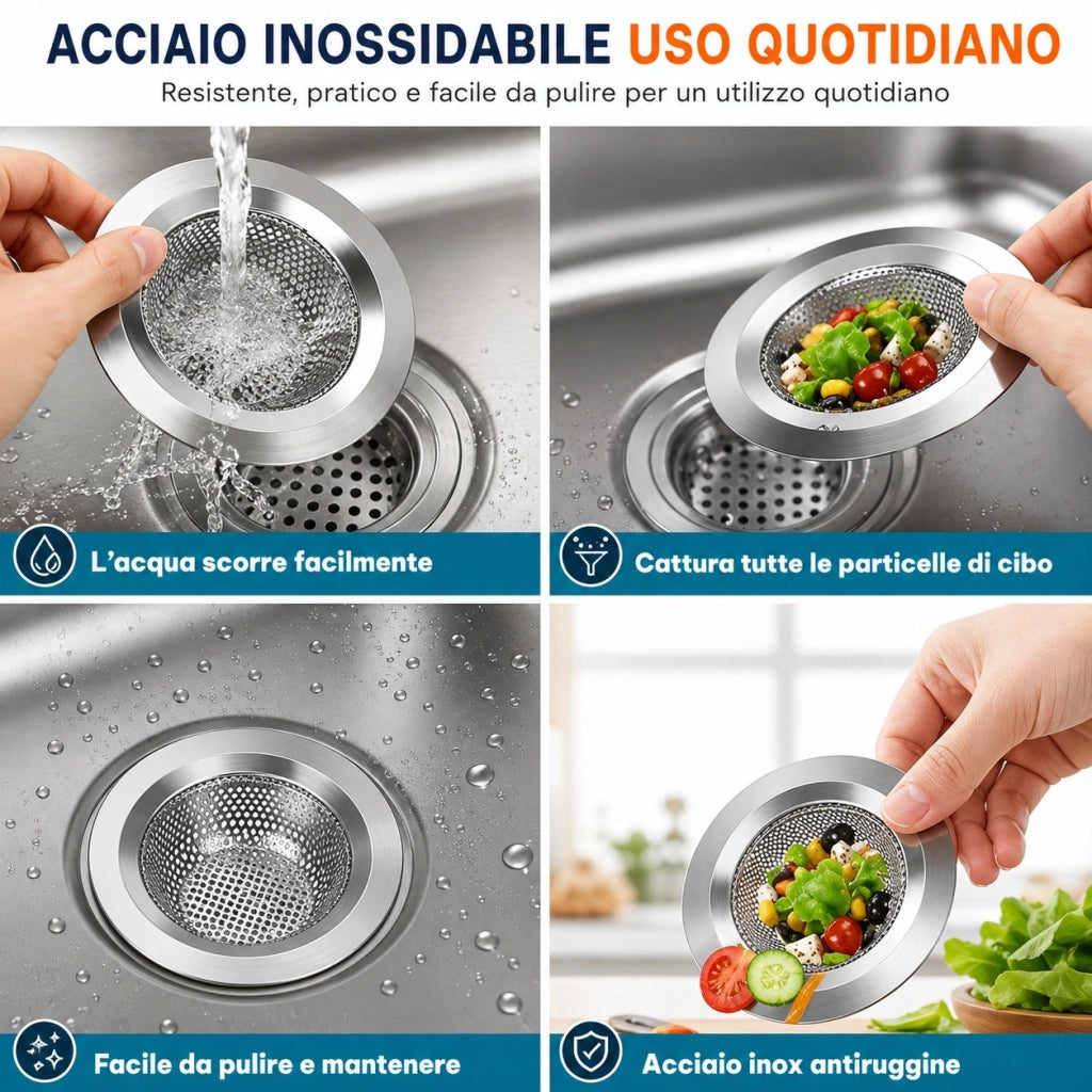 2 Filtri Scarico Lavello Acciaio Inox Ø9 cm Anti-Intasamento 79532