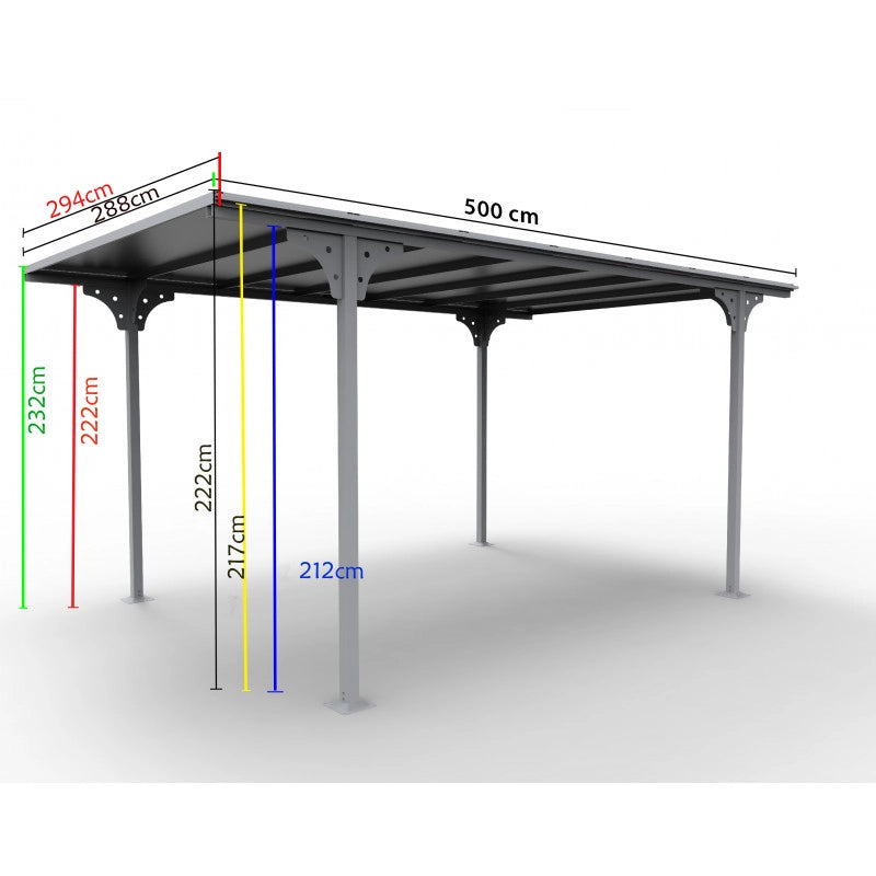 Tettoia auto da giardino in alluminio 294x500 cm – pergola, copertura auto carport con tetto piano policarbonato 6 mm – grigio antracite – CAR3050ALTPT Foresta