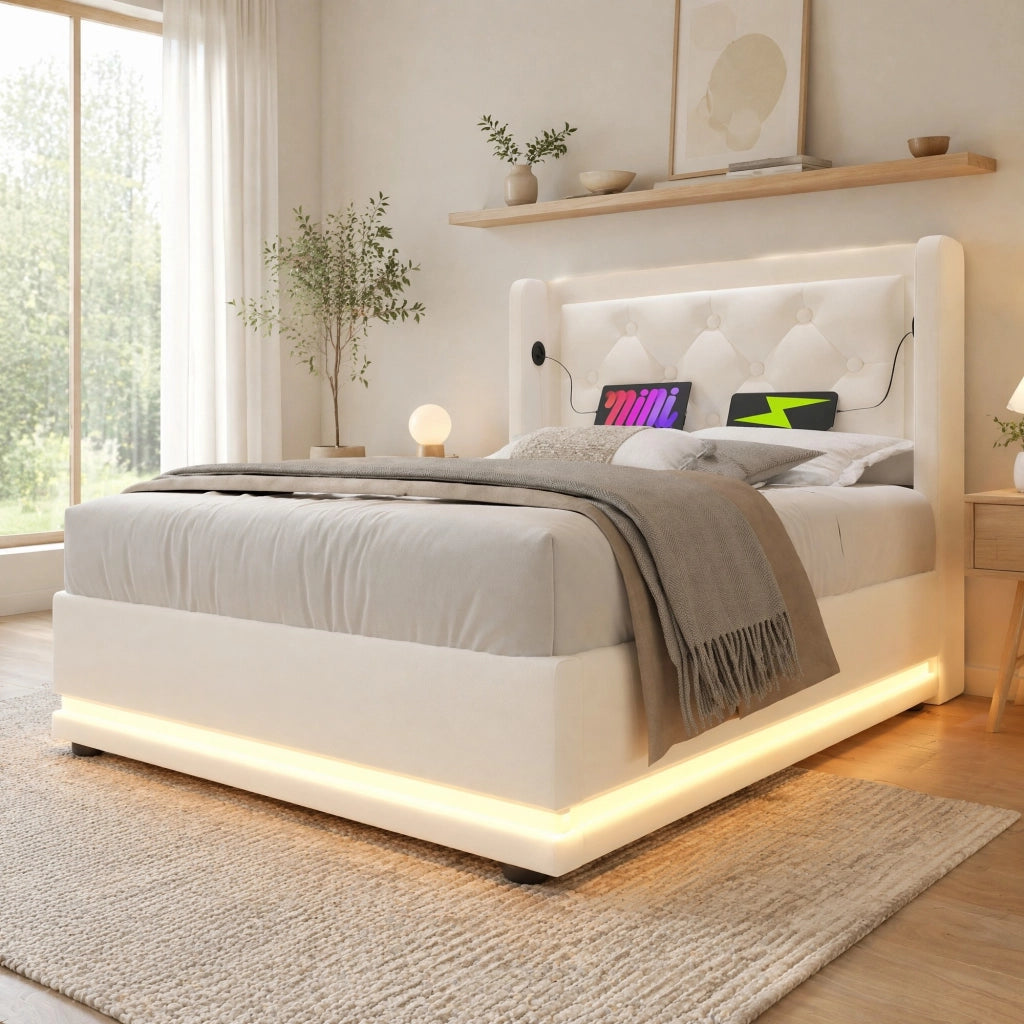 LETTO Imbottito 90x200 cm in PU Bianco con USB Tipo-C e LED, contenitore idraulico